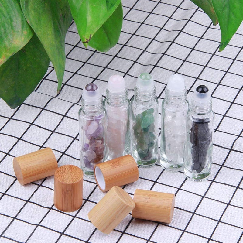 Constore 5 PCS 10ML Gemstone Roller Bottles,Refillable Roll On Bottles with Bamboo Lids Healing Crystal Chips Inside for Perfumes Aromatherapy Oils - Image 5